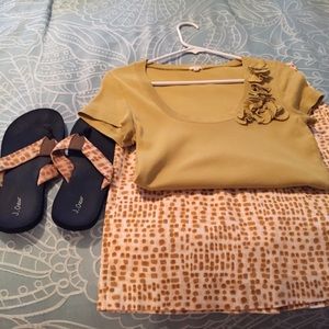 J crew shirt, skirt , matching flip flops